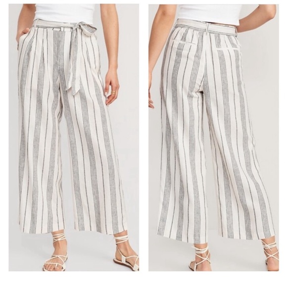 Old Navy Pants - Striped Old Navy High-Waisted Linen-Blend Cropped Wide-Leg Pants Medium